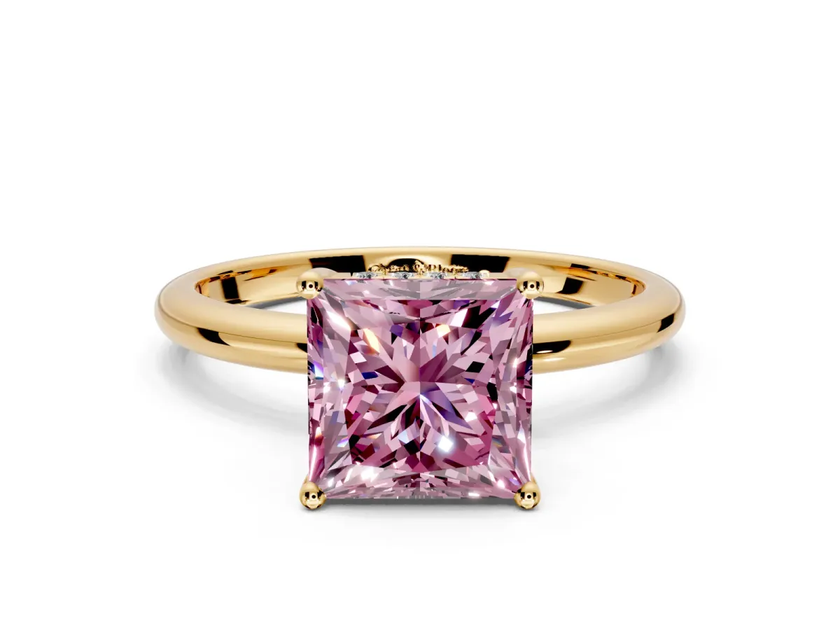 Hidden Halo Engagement Ring Setting for Fancy Pink Princess Cut Center with Thin Round-Wire Band and Prong Head in Yellow Gold