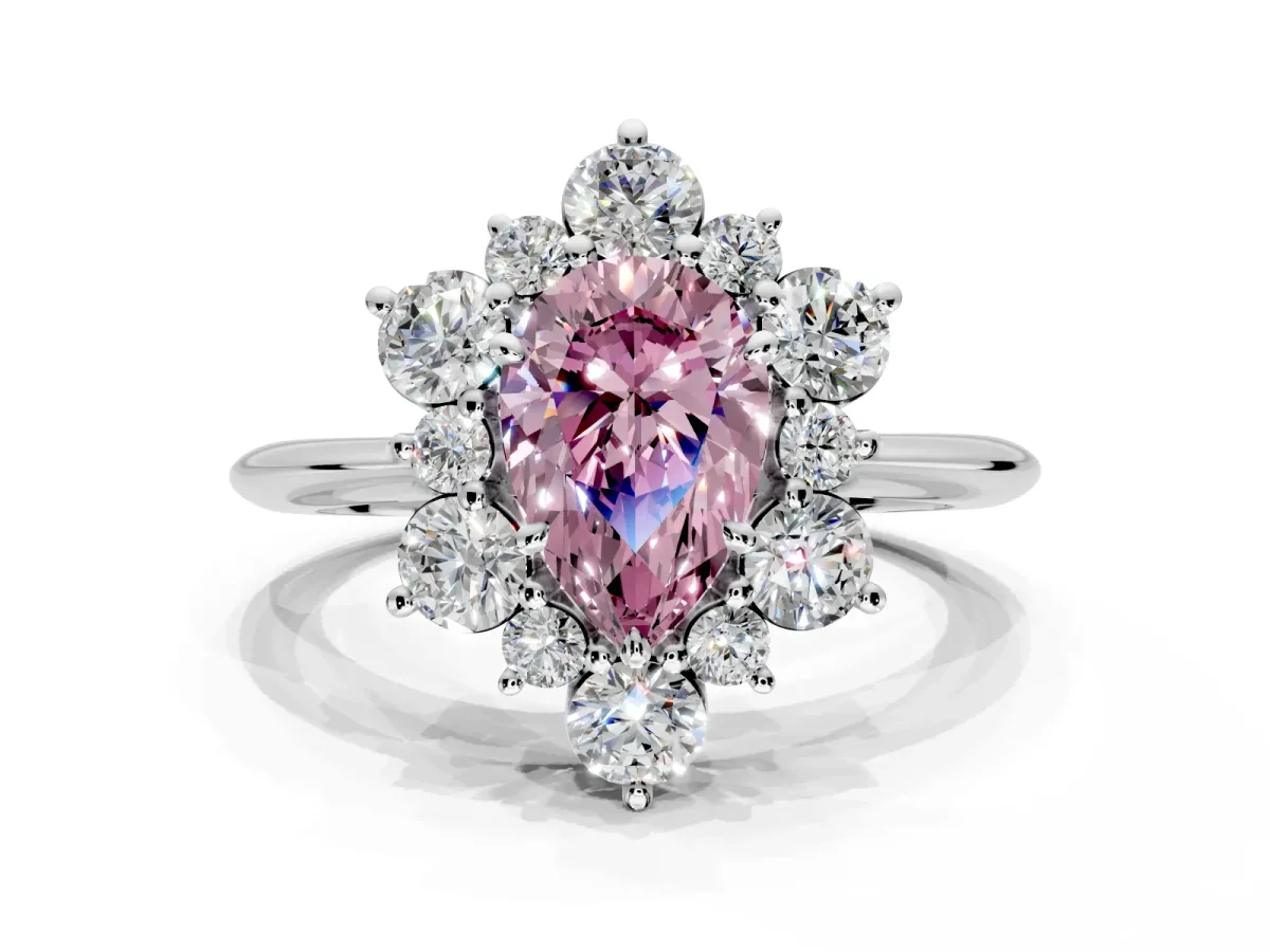 Small-Accent Cluster Halo Engagement Ring Setting for Fancy Pink Pear-Shaped Center with Plain Band and Prong Head in Sterling Silver