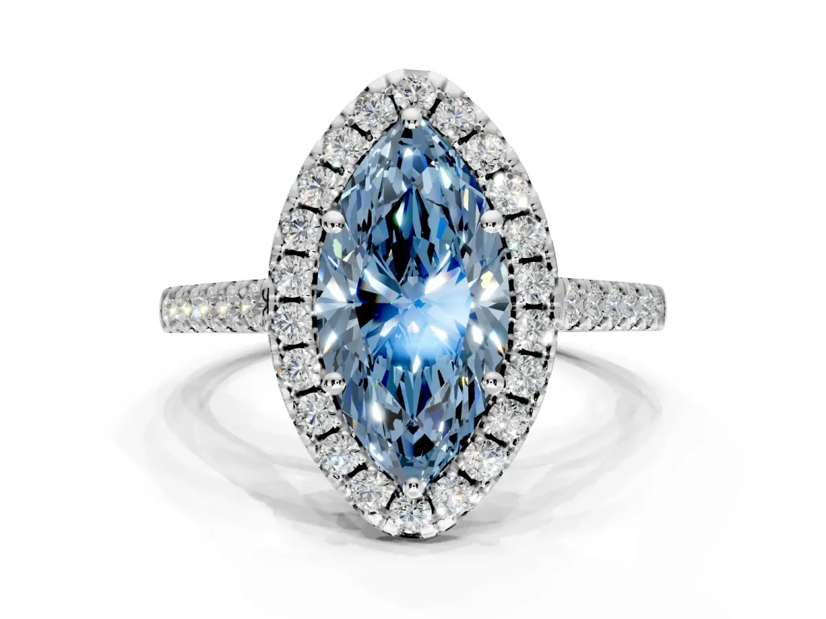 Halo Engagement Ring Setting for Fancy Blue Marquise Center with Raised Halo, Pave Band and Prong Head in Platinum