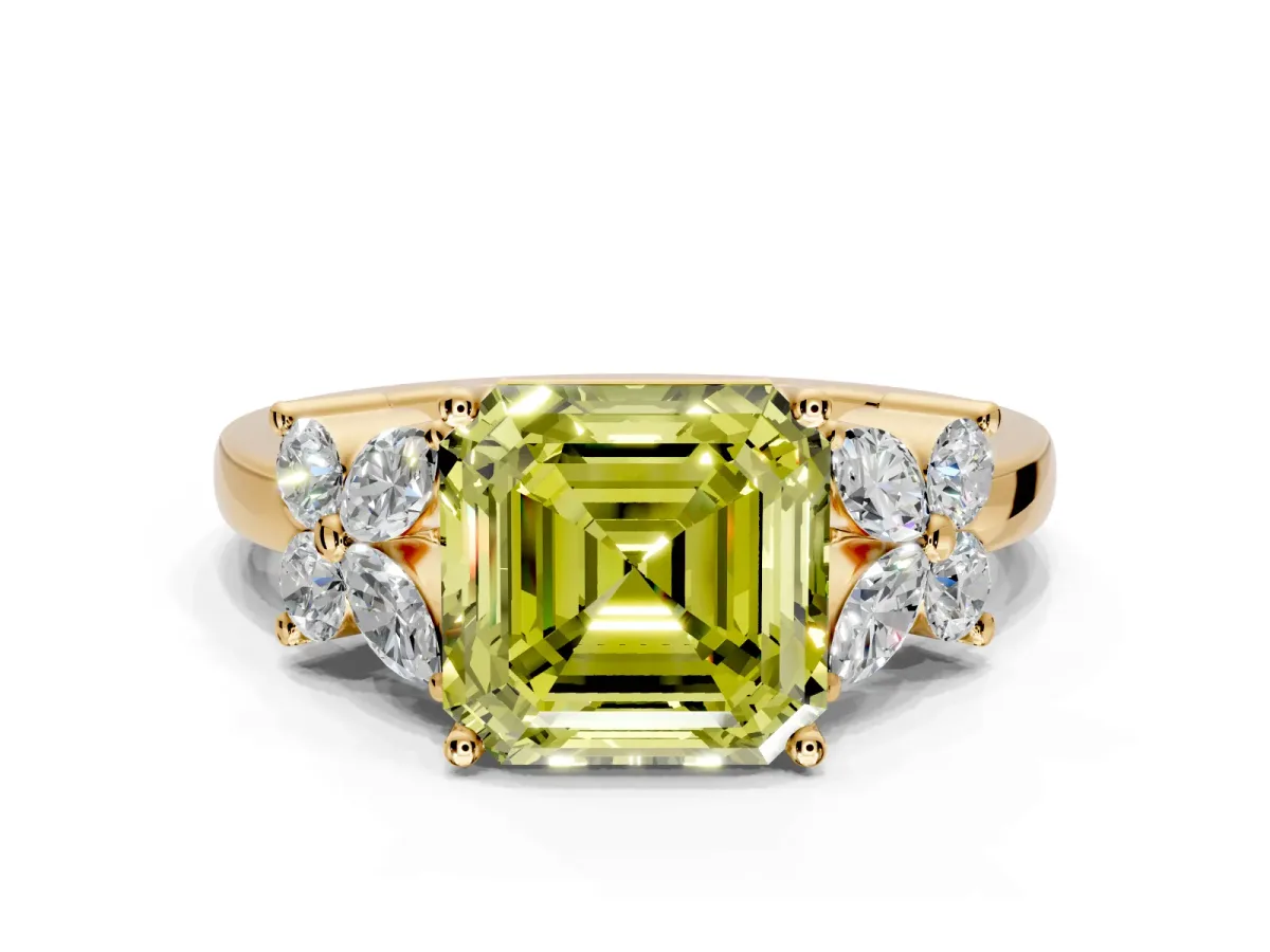Floral Engagement Ring Setting for Fancy Yellow Asscher Cut Center with Marquise Cluster Shoulders and Prong Head in Yellow Gold