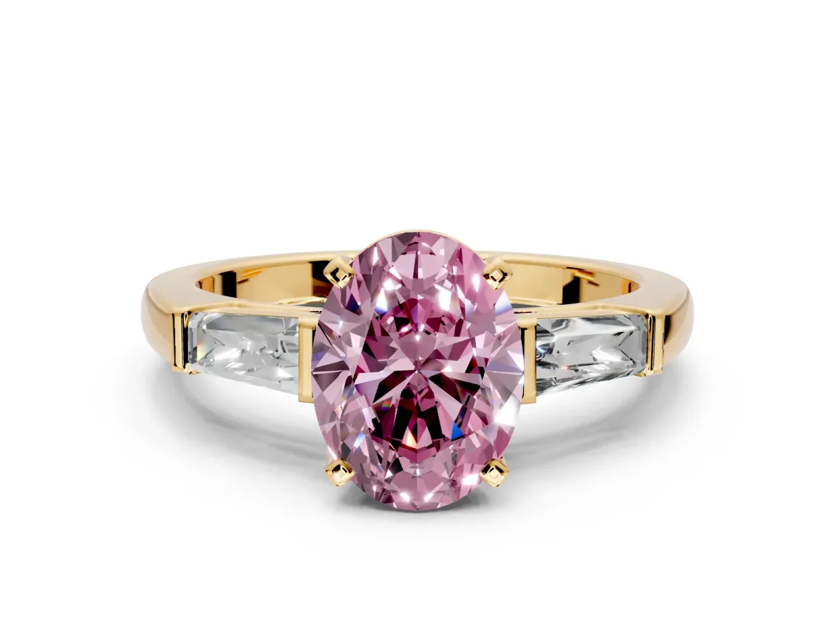 3 Stone Engagement Ring Setting for Fancy Pink Oval Center with Tapered Baguettes, Plain Band and Prong Head in Yellow Gold