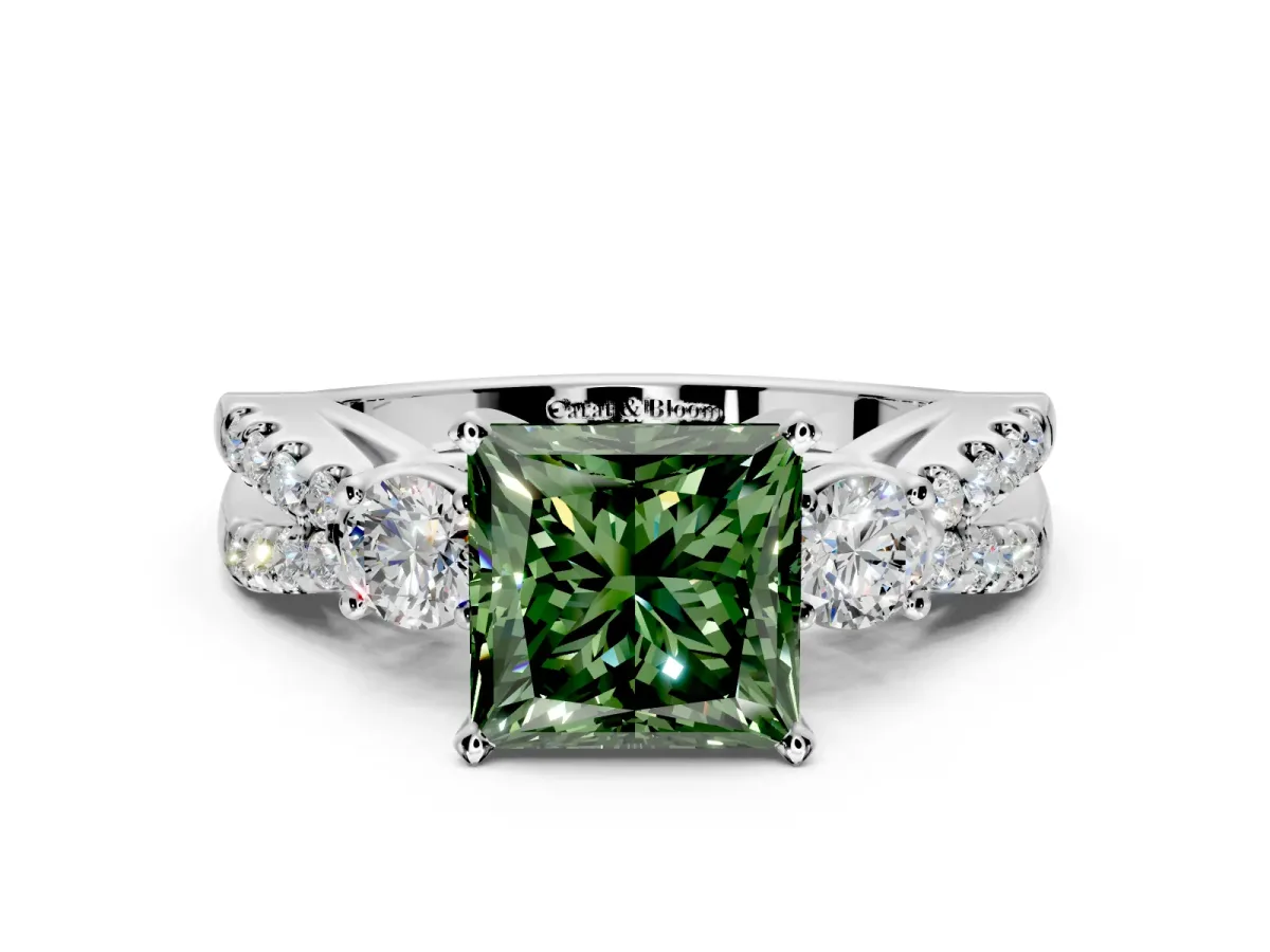 3 Stone Engagement Ring Setting for Fancy Green Princess Cut Center with Pave Split Shank and Prong Head in Platinum