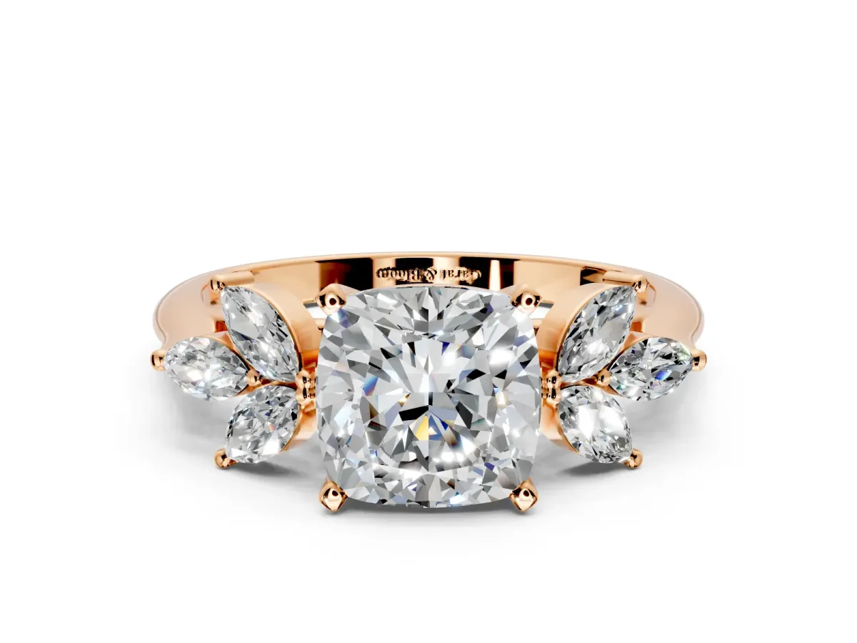 Floral Cluster Engagement Ring Setting for Cushion Cut Center with Marquise Accents and Prong Head in Rose Gold