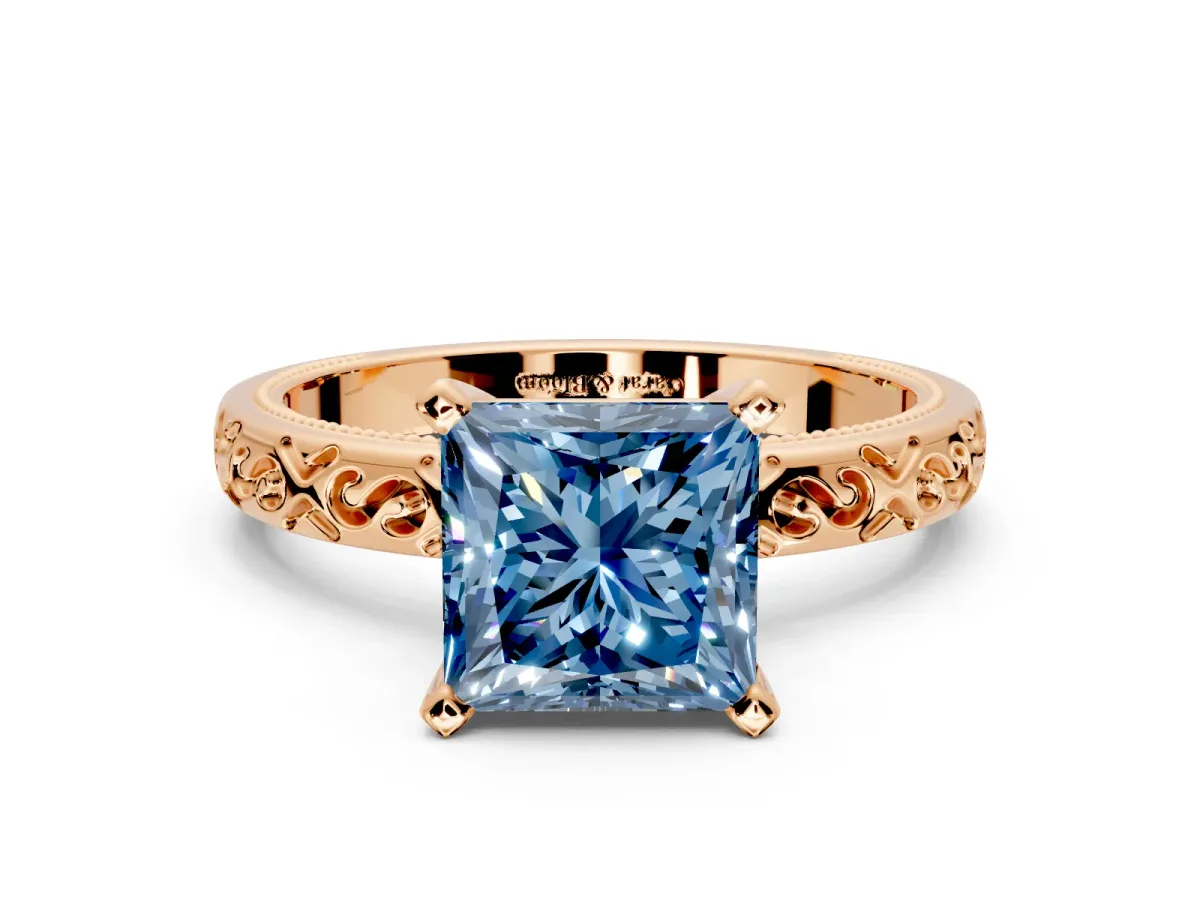 Solitaire Engagement Ring Setting for Fancy Blue Princess Cut Center with Scrollwork Band and Prong Head in Rose Gold
