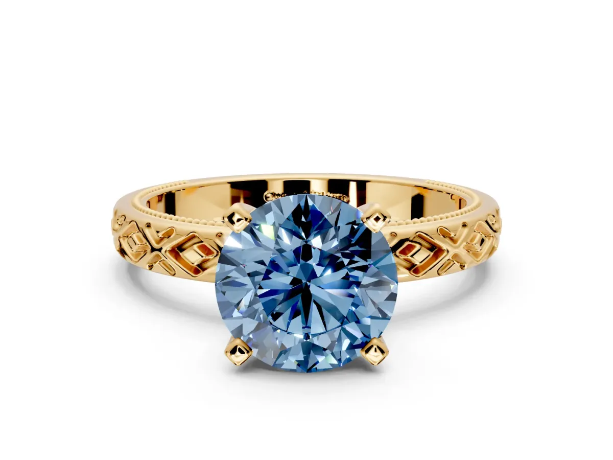 Solitaire Engagement Ring Setting for Fancy Blue Round Cut Center with Milgrain X Pattern Band and Prong Head in Yellow Gold