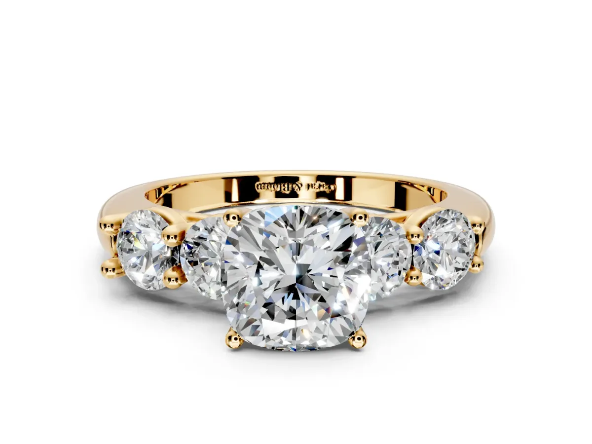 5 Stone Engagement Ring Setting for Cushion Cut Center with Graduated Accents and Prong Head in Yellow Gold