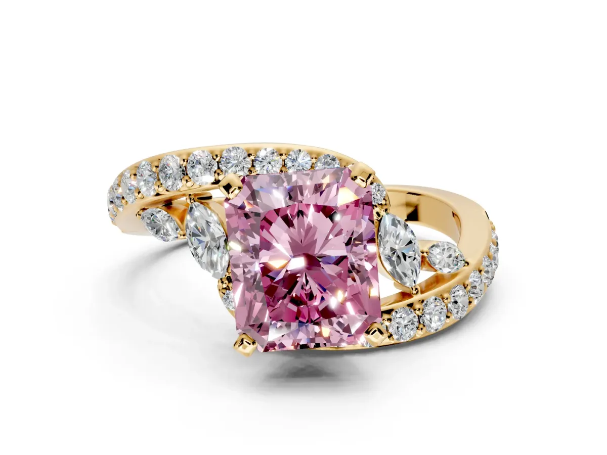 Solitaire Engagement Ring Setting for Fancy Pink Radiant Cut Center with Pave Bypass Twist Band and Prong Head in Yellow Gold