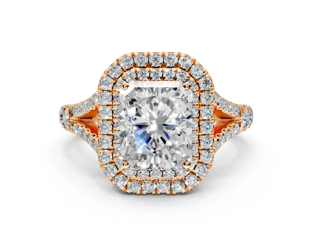 Double Halo Engagement Ring Setting for Radiant Cut Center with Narrow Pave Split Shank and Prong Head in Rose Gold