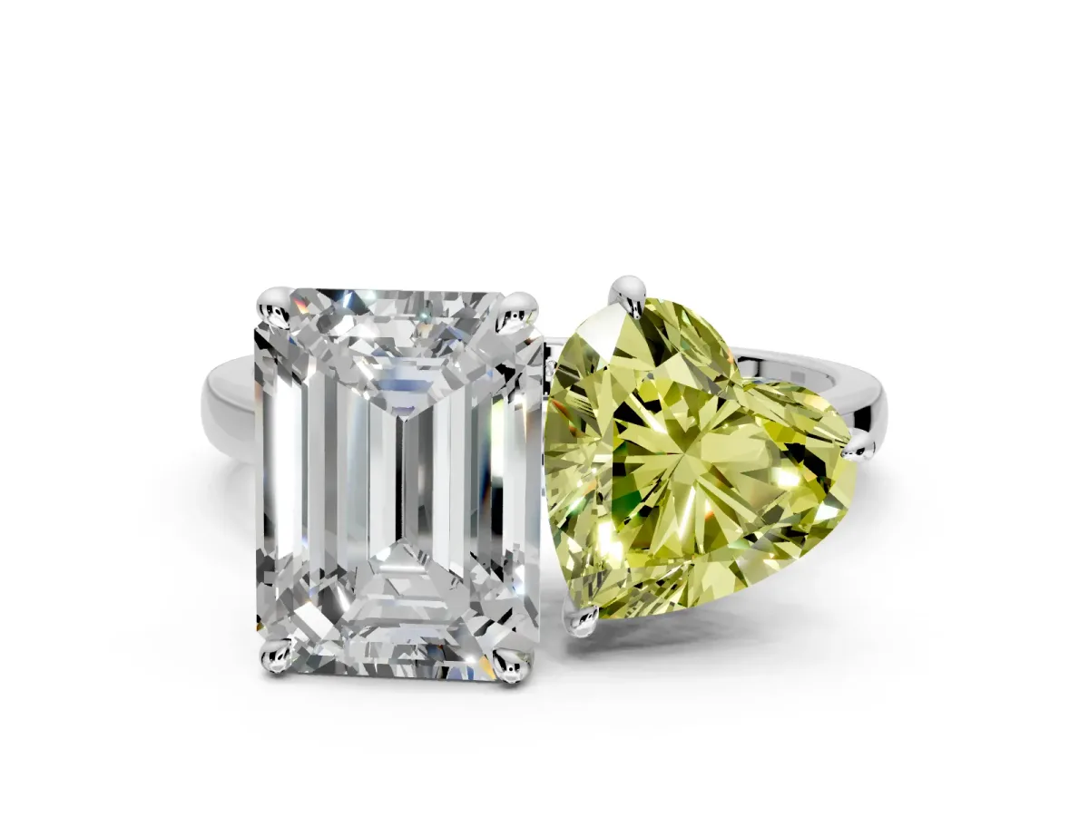Fancy Yellow Heart-Shaped and Emerald Cut Lab-Grown Diamond Toi et Moi Engagement Ring with Prong-Set Stones in White Gold