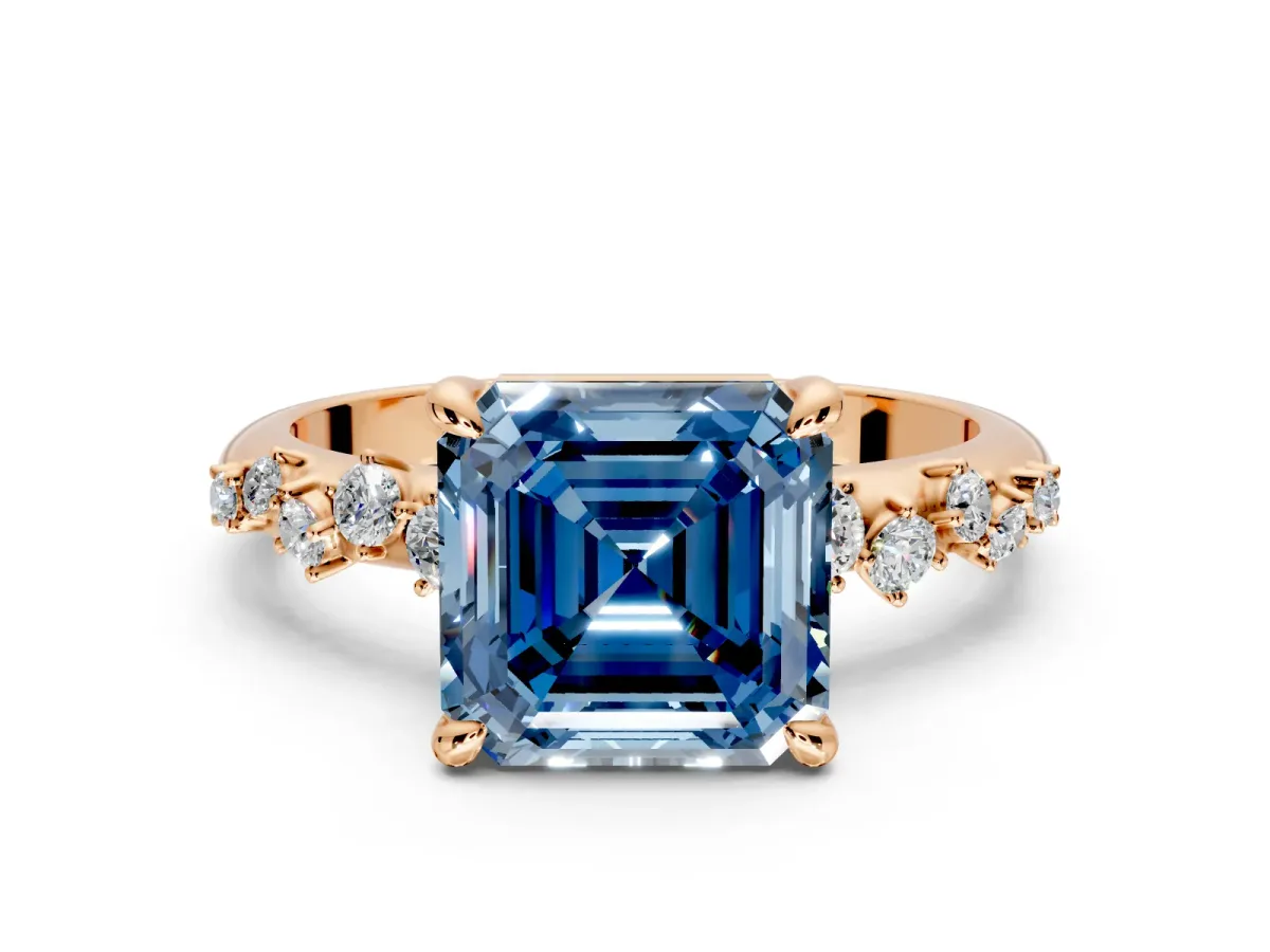 Solitaire Engagement Ring Setting for Fancy Blue Asscher Cut Center with Trailing Leaf Accent Band and Prong Head in Rose Gold