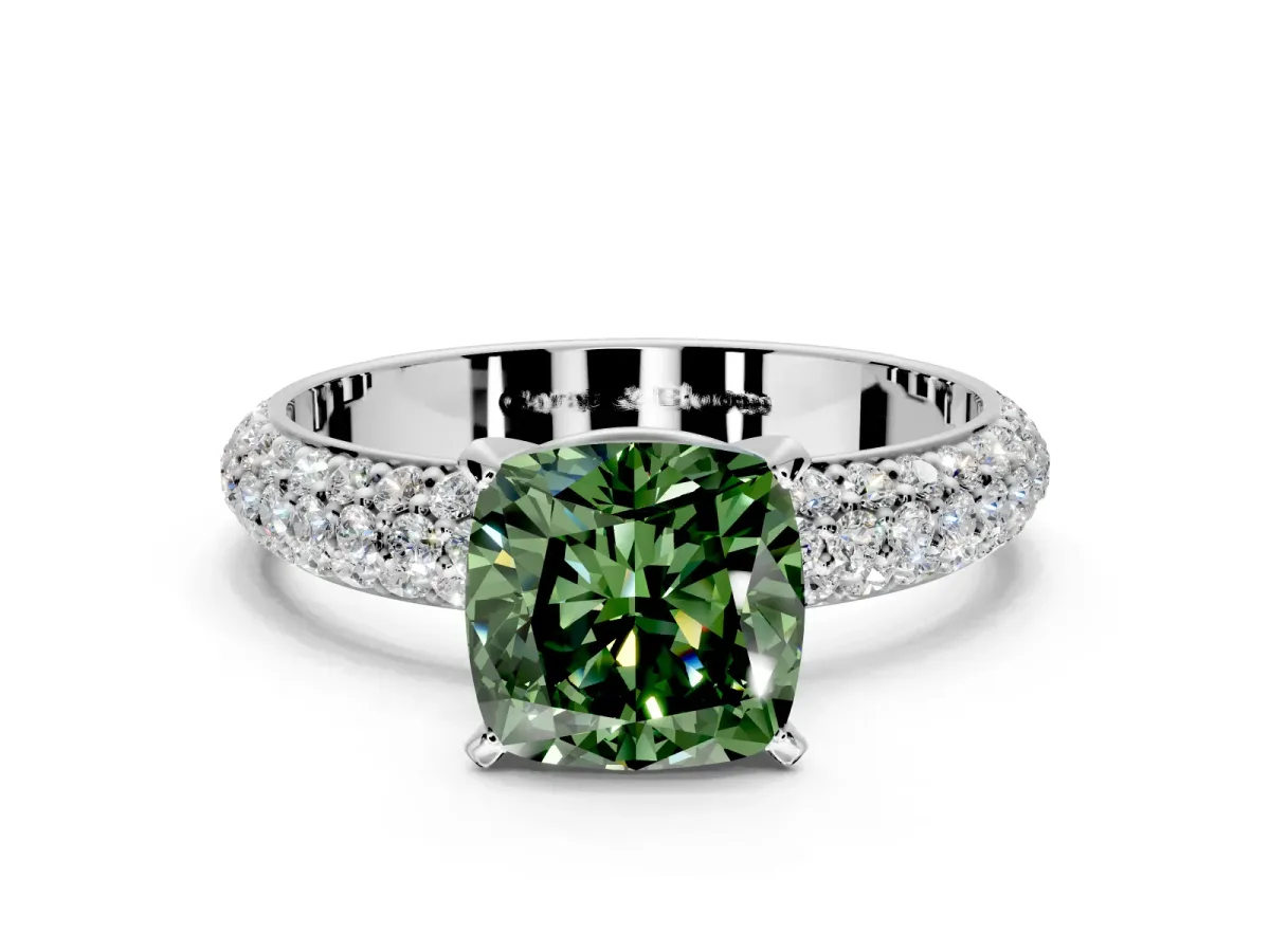 Solitaire Engagement Ring Setting for Fancy Green Cushion Cut Center with Domed Multi-Row Pave Band and Prong Head in Platinum