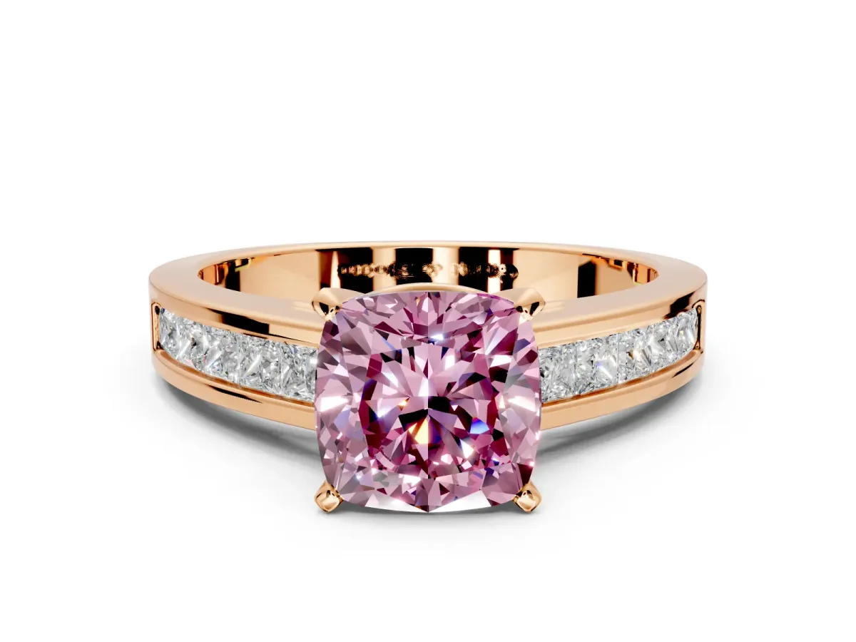 Solitaire Engagement Ring Setting for Fancy Pink Cushion Cut Center with Princess Cut Channel Band and Prong Head in Rose Gold