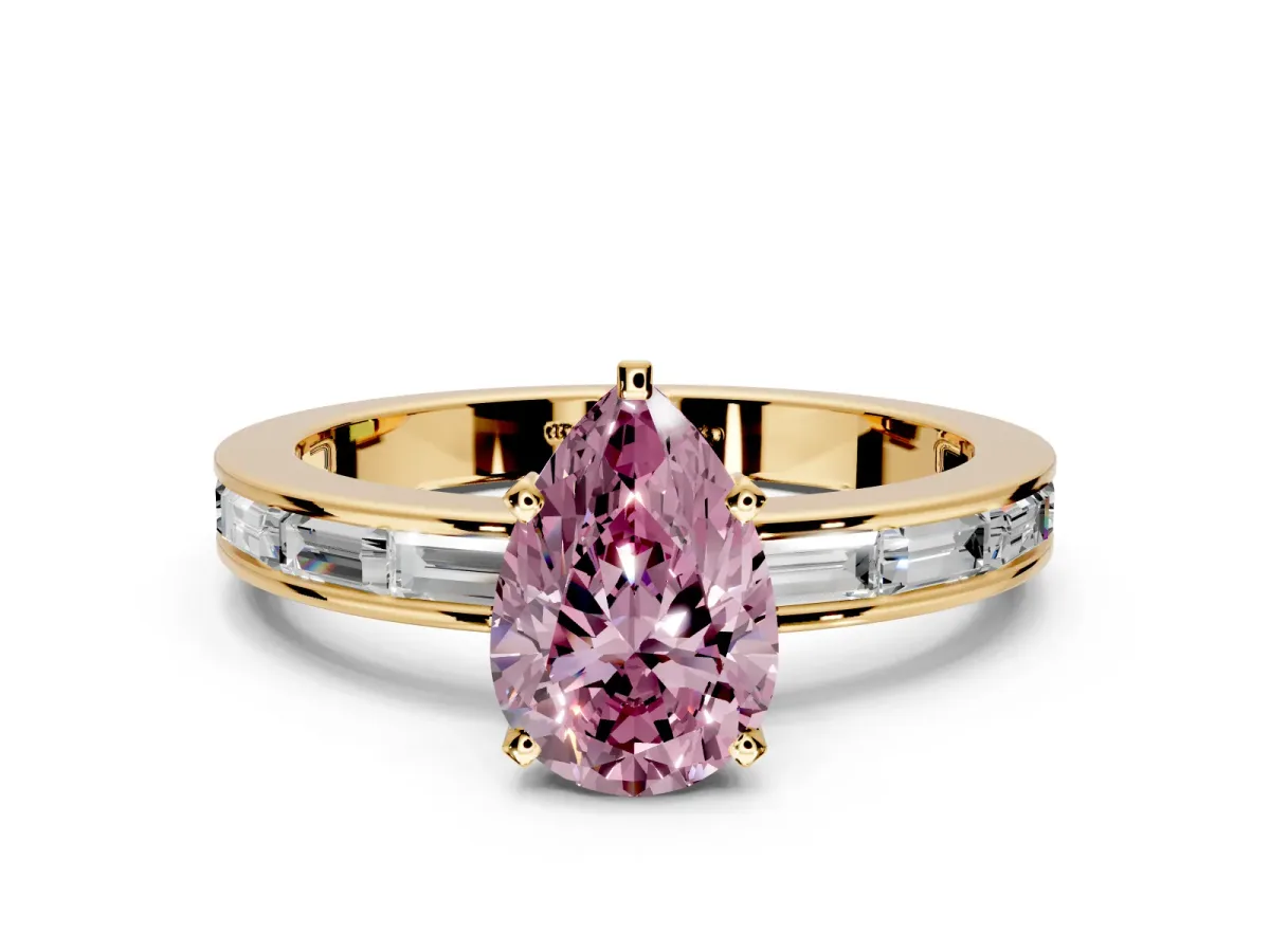 Solitaire Engagement Ring Setting for Fancy Pink Pear-Shaped Center with Channel Baguette Band and Prong Head in Yellow Gold