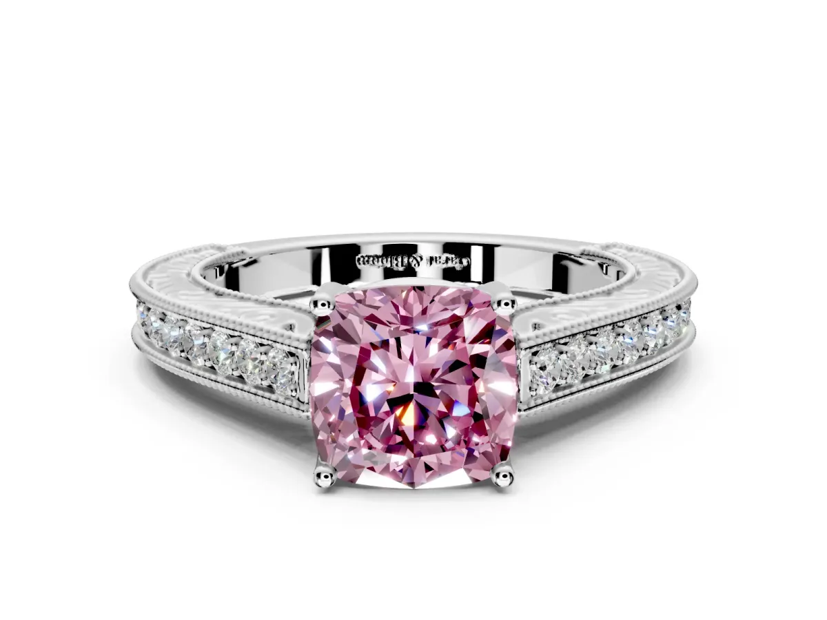 Solitaire Engagement Ring Setting for Fancy Pink Cushion Cut Center with Engraved Pave Band and Prong Head in Platinum