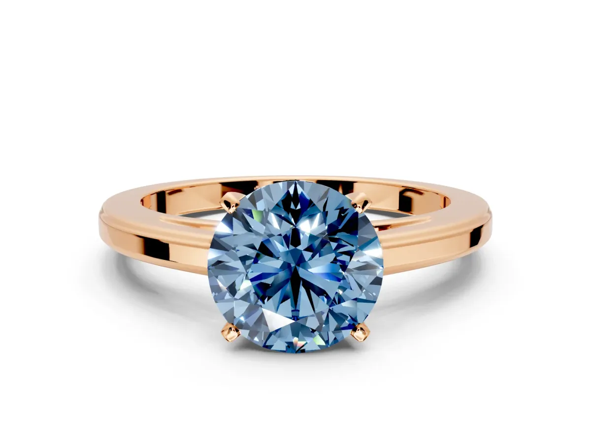 Solitaire Engagement Ring Setting for Fancy Blue Round Cut Center with Flat-Sided Plain Band and Prong Head in Rose Gold