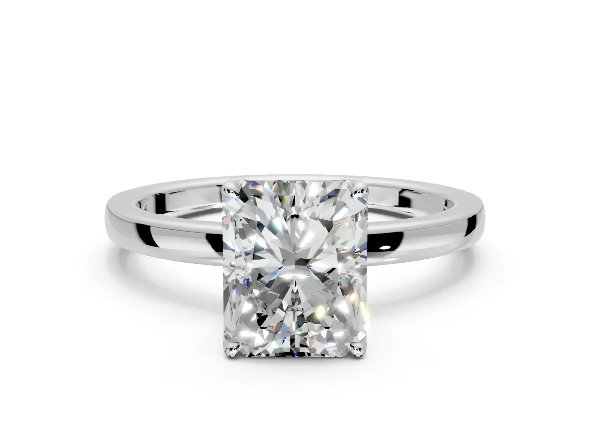 Solitaire Engagement Ring Setting for Radiant Cut Center with Thin Rounded Plain Band and Prong Head in Platinum