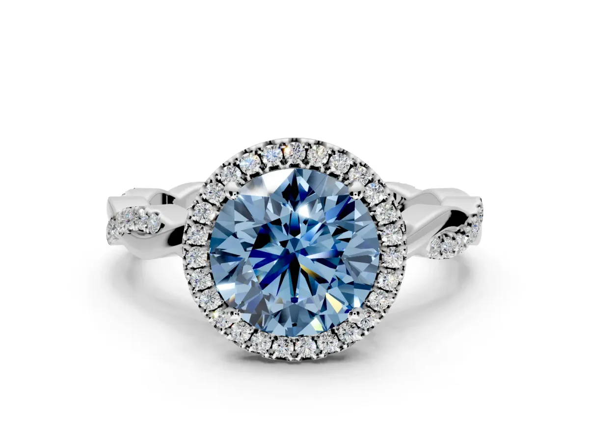 Halo Engagement Ring Setting for Fancy Blue Round Cut Center with Pave and Plain Twist Band and Prong Head in Sterling Silver