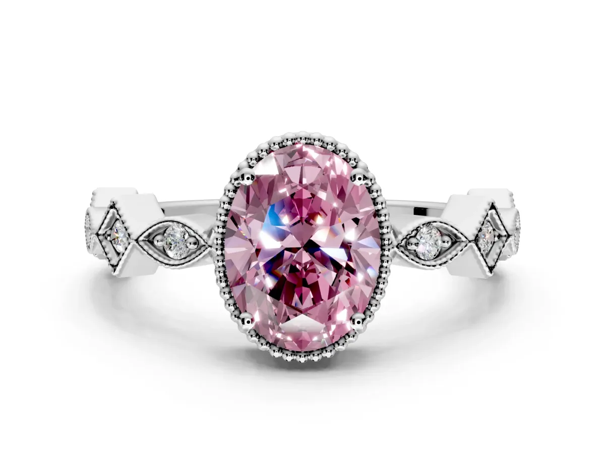 Milgrain Bezel Engagement Ring Setting for Fancy Pink Oval Center with Marquise Stations and Bezel Head in Platinum