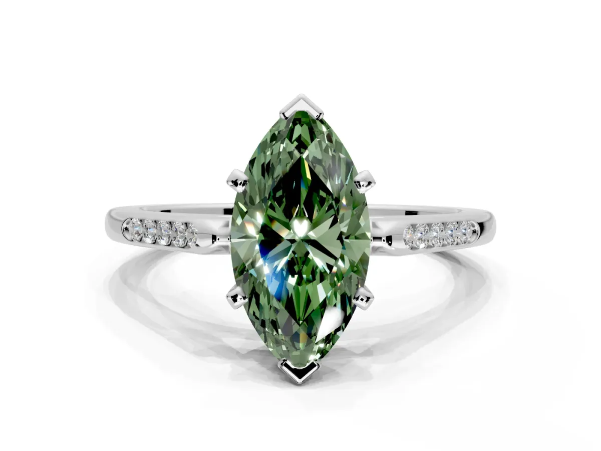 Solitaire Engagement Ring Setting for Fancy Green Marquise Center with Channel Accents and Prong Head in White Gold