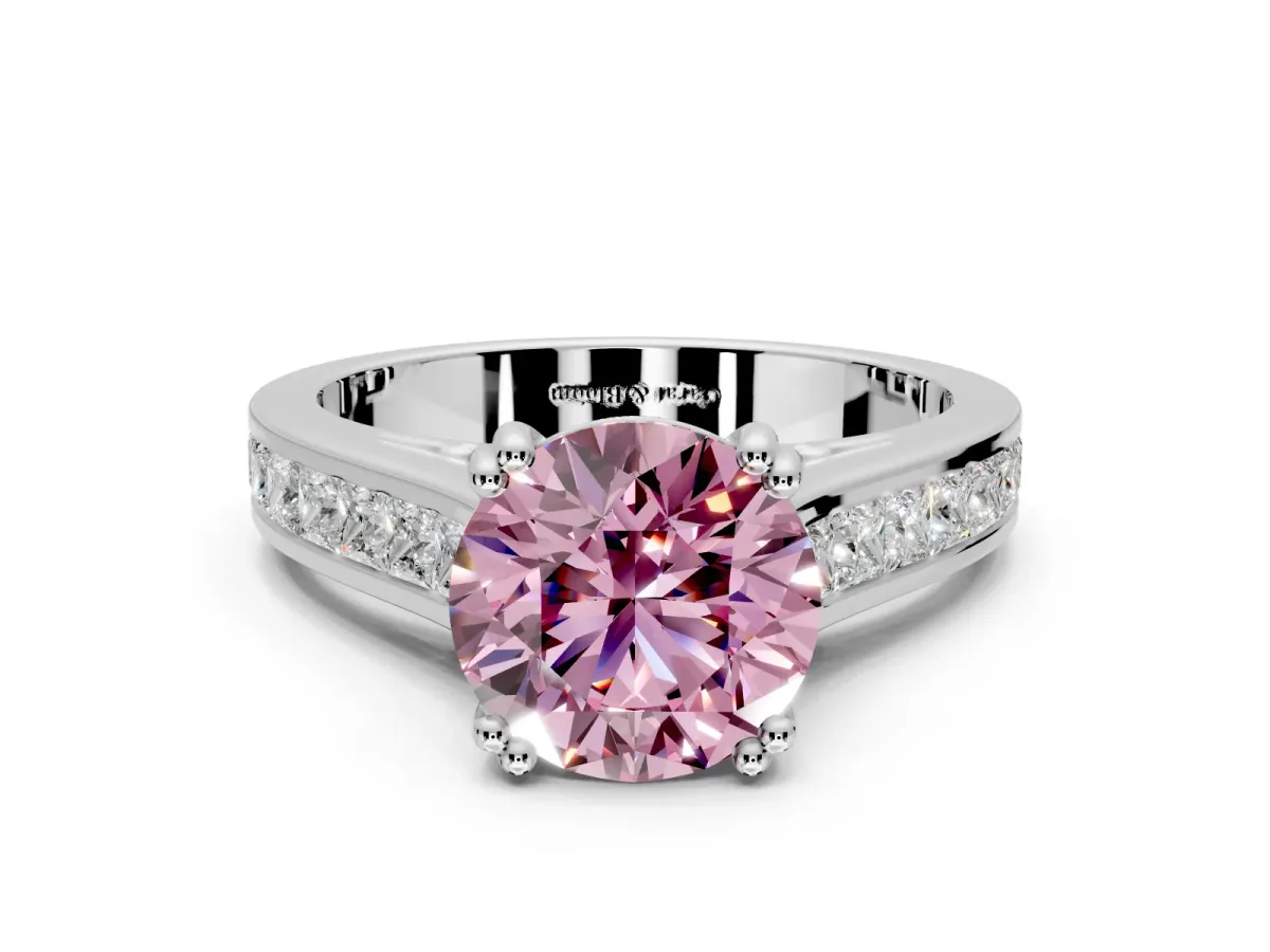 Solitaire Engagement Ring Setting for Fancy Pink Round Cut Center with Channel Band and Double Claw Prong Head in White Gold