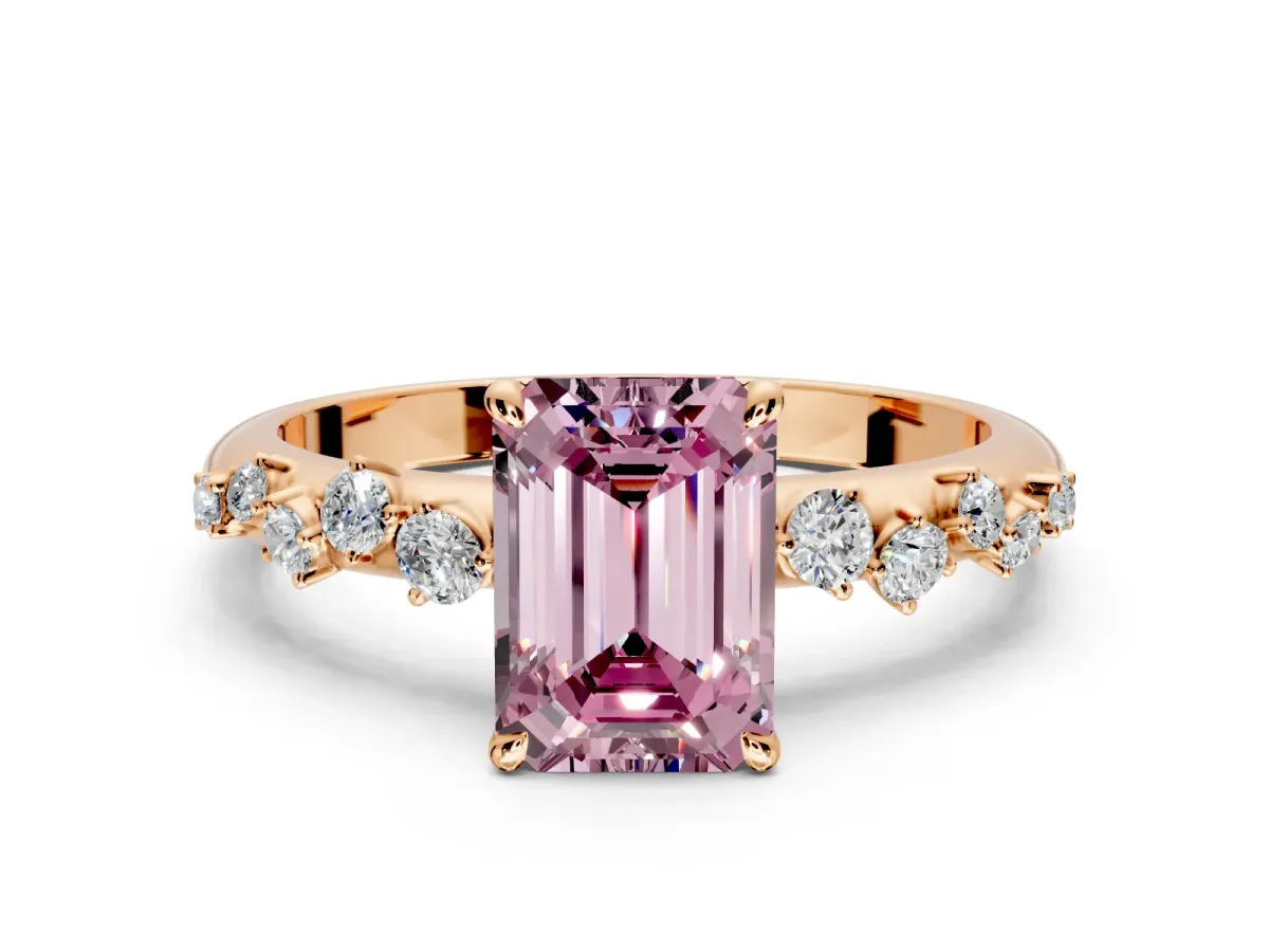 Cluster Engagement Ring Setting for Fancy Pink Emerald Cut Center with Round Cut Accent Band and Prong Head in Rose Gold