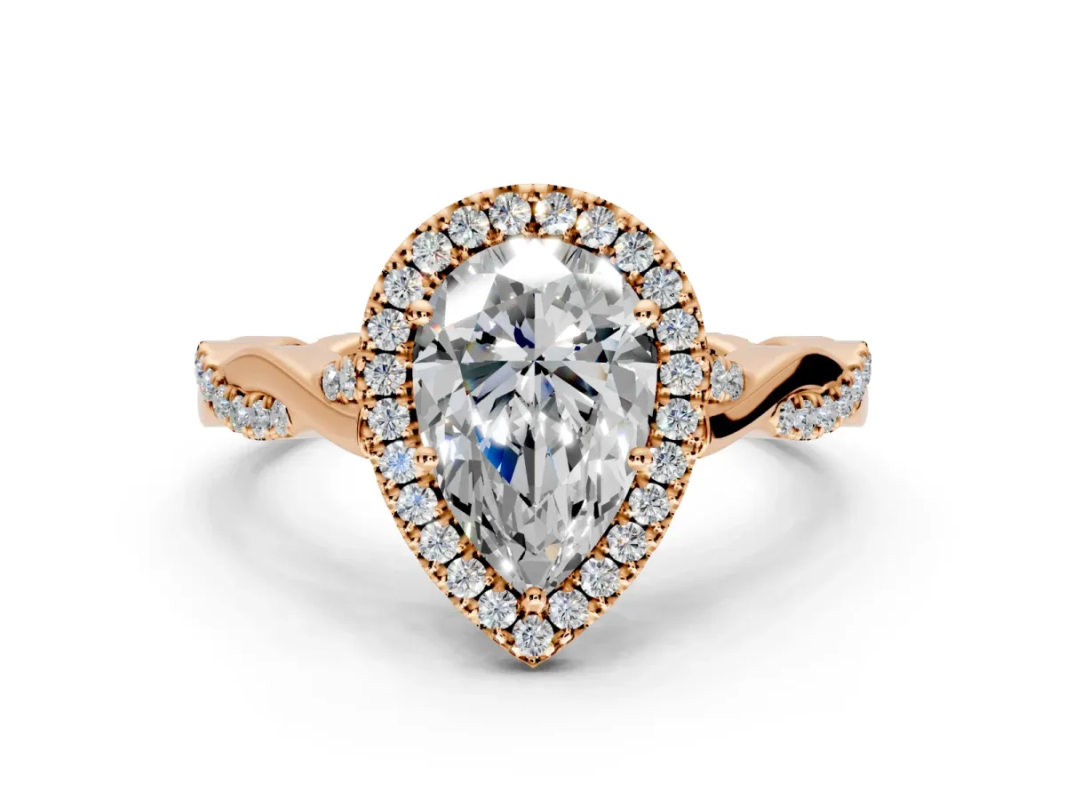 Halo Engagement Ring Setting for Pear-Shaped Center with Twist Band and Prong Head in Rose Gold