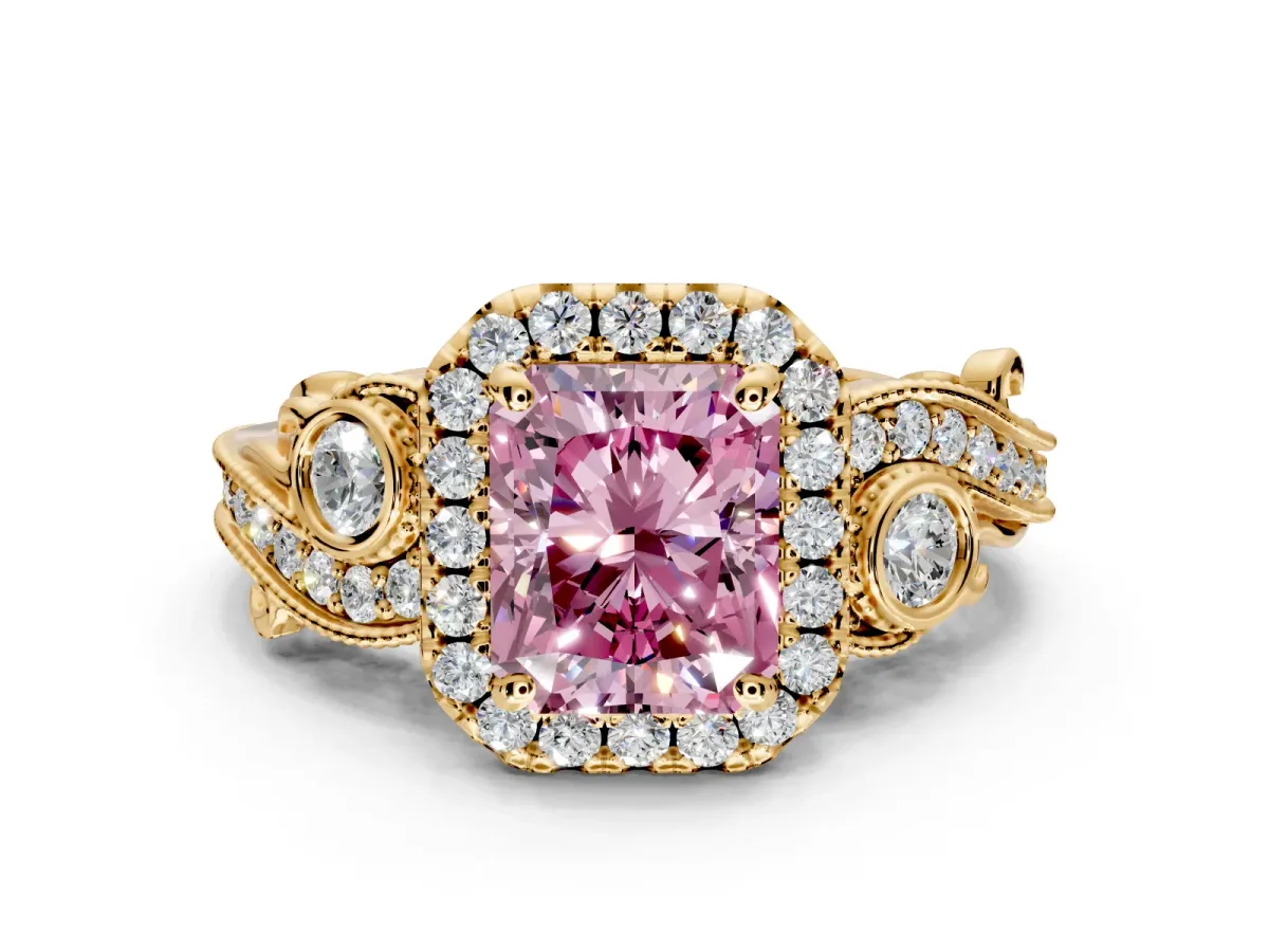 Milgrain Halo Engagement Ring Setting for Fancy Pink Radiant Cut Center with Shoulder Bezels and Prong Head in Yellow Gold