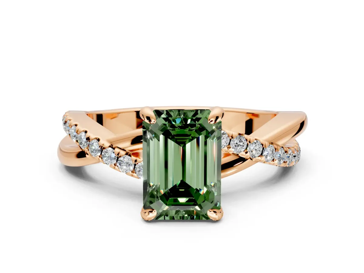 Solitaire Engagement Ring Setting for Fancy Green Emerald Cut Center with Half-Pave Crossover Band and Prong Head in Rose Gold
