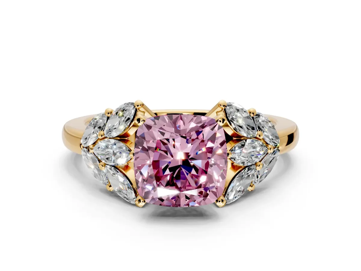 Leaf Cluster Engagement Ring Setting for Fancy Pink Cushion Cut Center with Marquise Accents and Prong Head in Yellow Gold