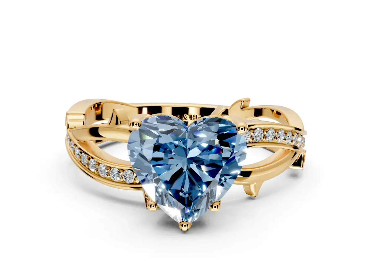 Solitaire Engagement Ring Setting for Fancy Blue Heart-Shaped Center with Pave and Plain Crossover Band and Prong Head in Yellow Gold