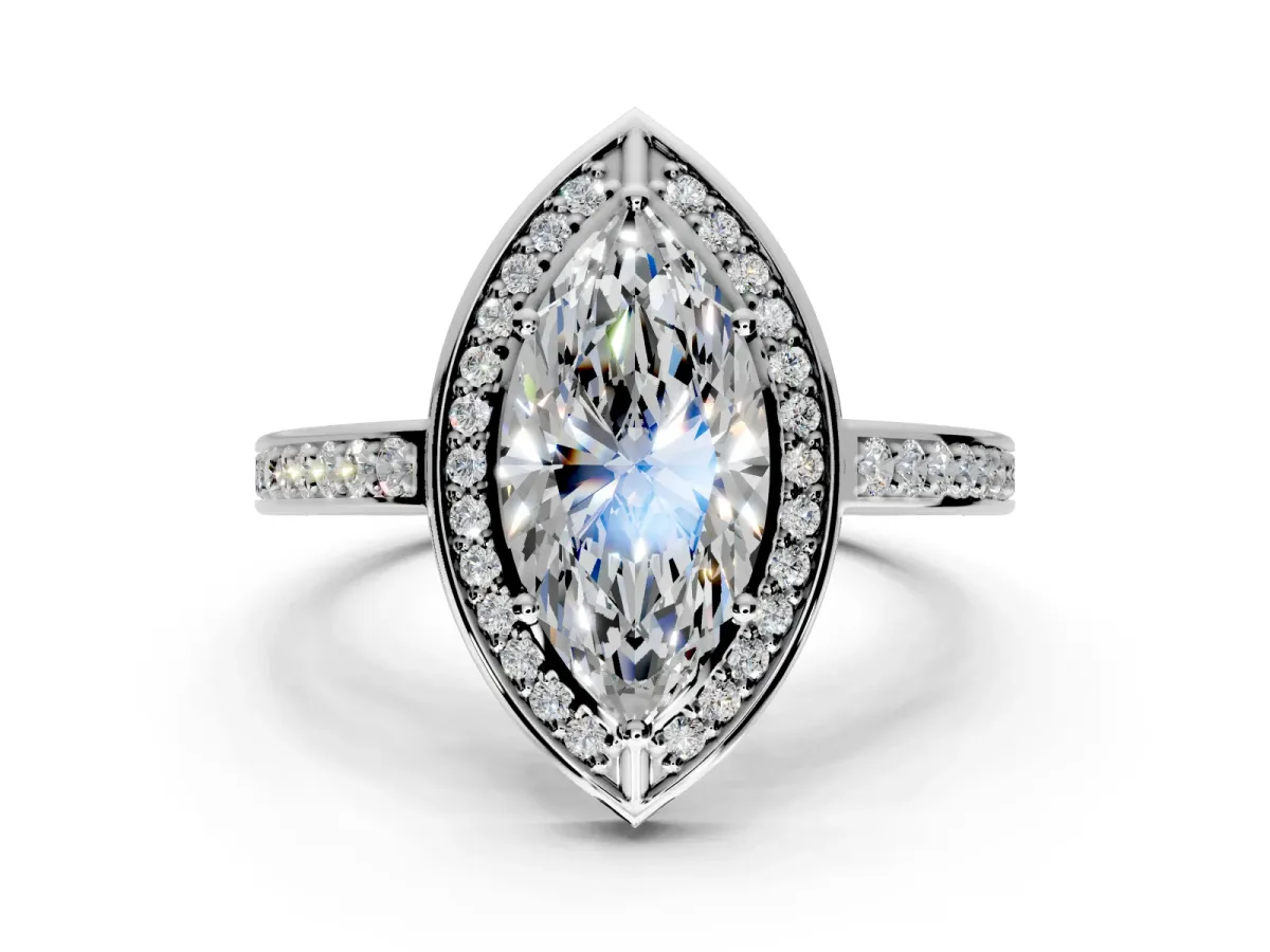 Halo Engagement Ring Setting for Marquise Center with Framed Halo, Pave Band and Prong Head in White Gold