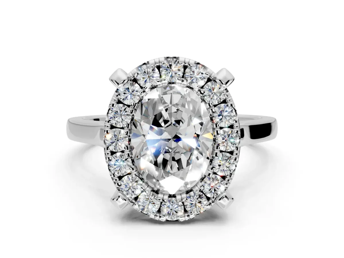 Single Halo Engagement Ring Setting for Oval Center with Corner Claws, Plain Band and Prong Head in Sterling Silver