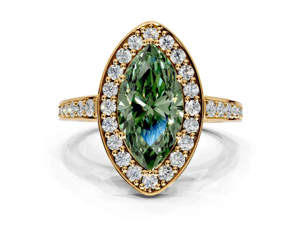 Bezel-Framed Halo Engagement Ring Setting for Fancy Green Marquise Center with Pave Band and Prong Head in Yellow Gold