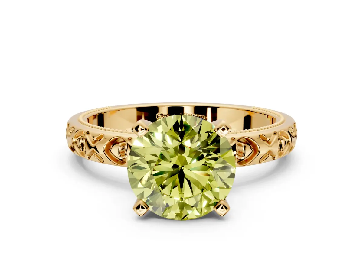 Solitaire Engagement Ring Setting for Fancy Yellow Round Cut Center with XO Engraved Band and Prong Head in Yellow Gold