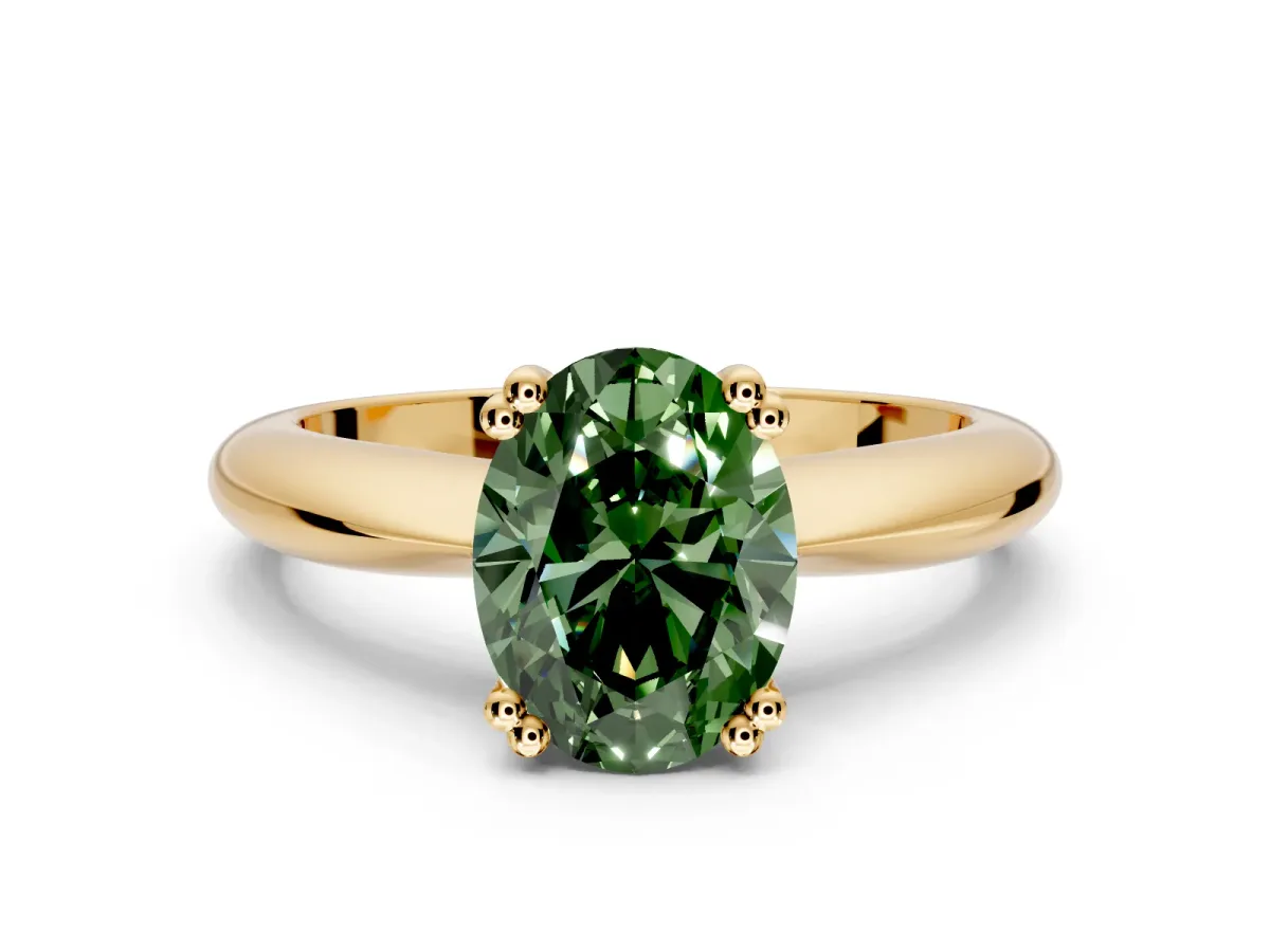 Solitaire Engagement Ring Setting for Fancy Green Oval Center with Reverse Tapered Band and Prong Head in Yellow Gold