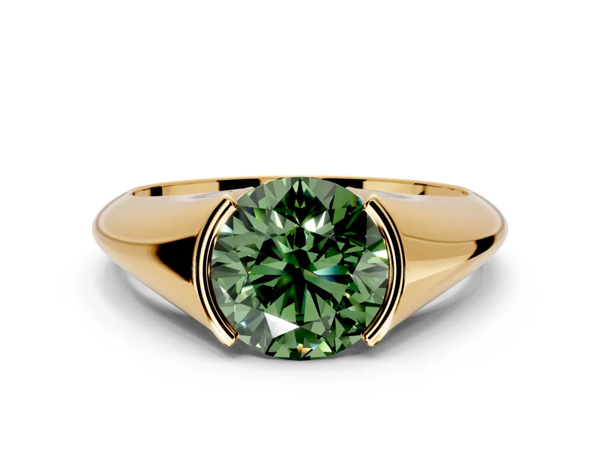 Tension Engagement Ring Setting for Fancy Green Round Cut Center with Wide Tapered Band and Tension Head in Yellow Gold