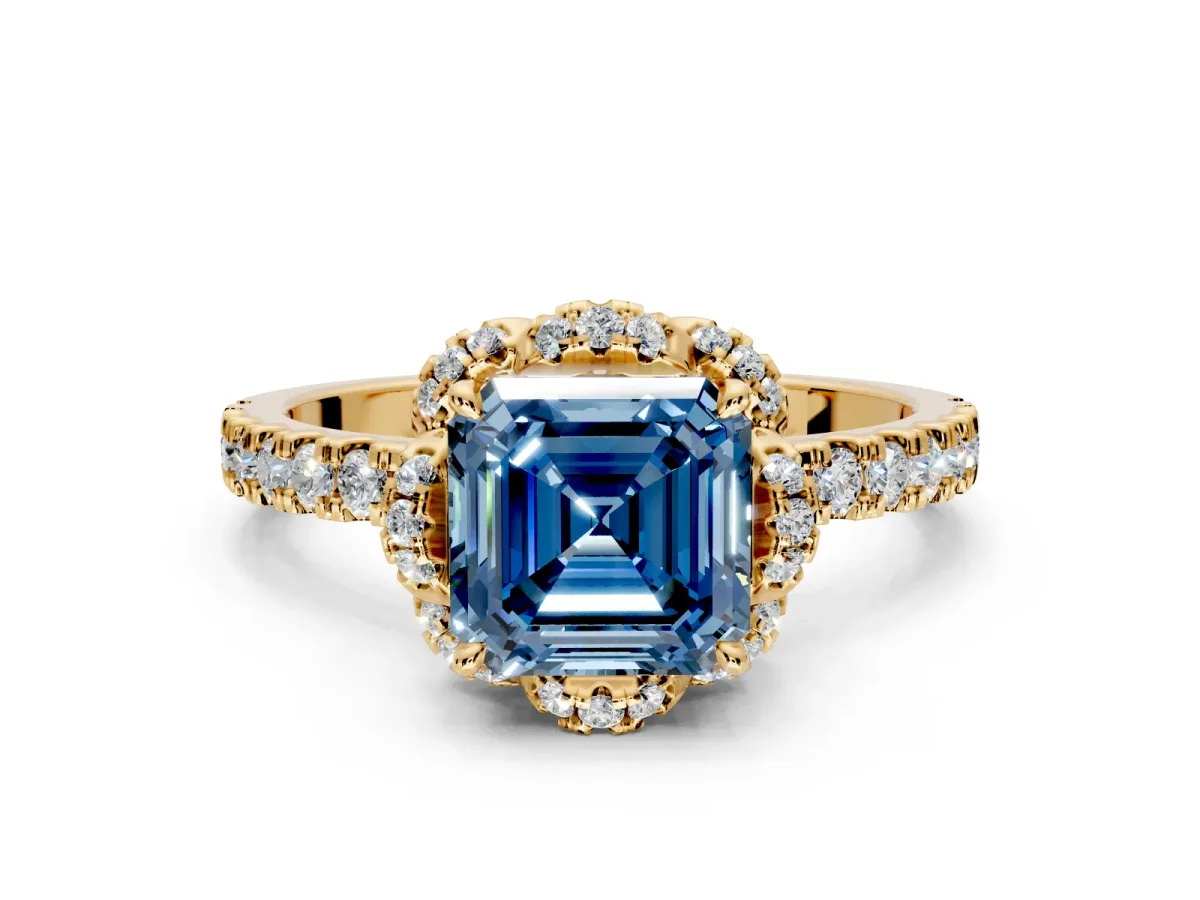 Floral Halo Engagement Ring Setting for Fancy Blue Asscher Cut Center with Pave Band and Prong Head in Yellow Gold