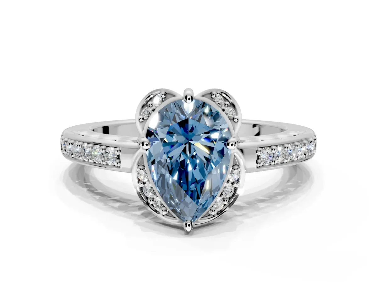 Floral Engagement Ring Setting for Fancy Blue Pear-Shaped Center with Four Accent Clusters and Prong Head in Platinum