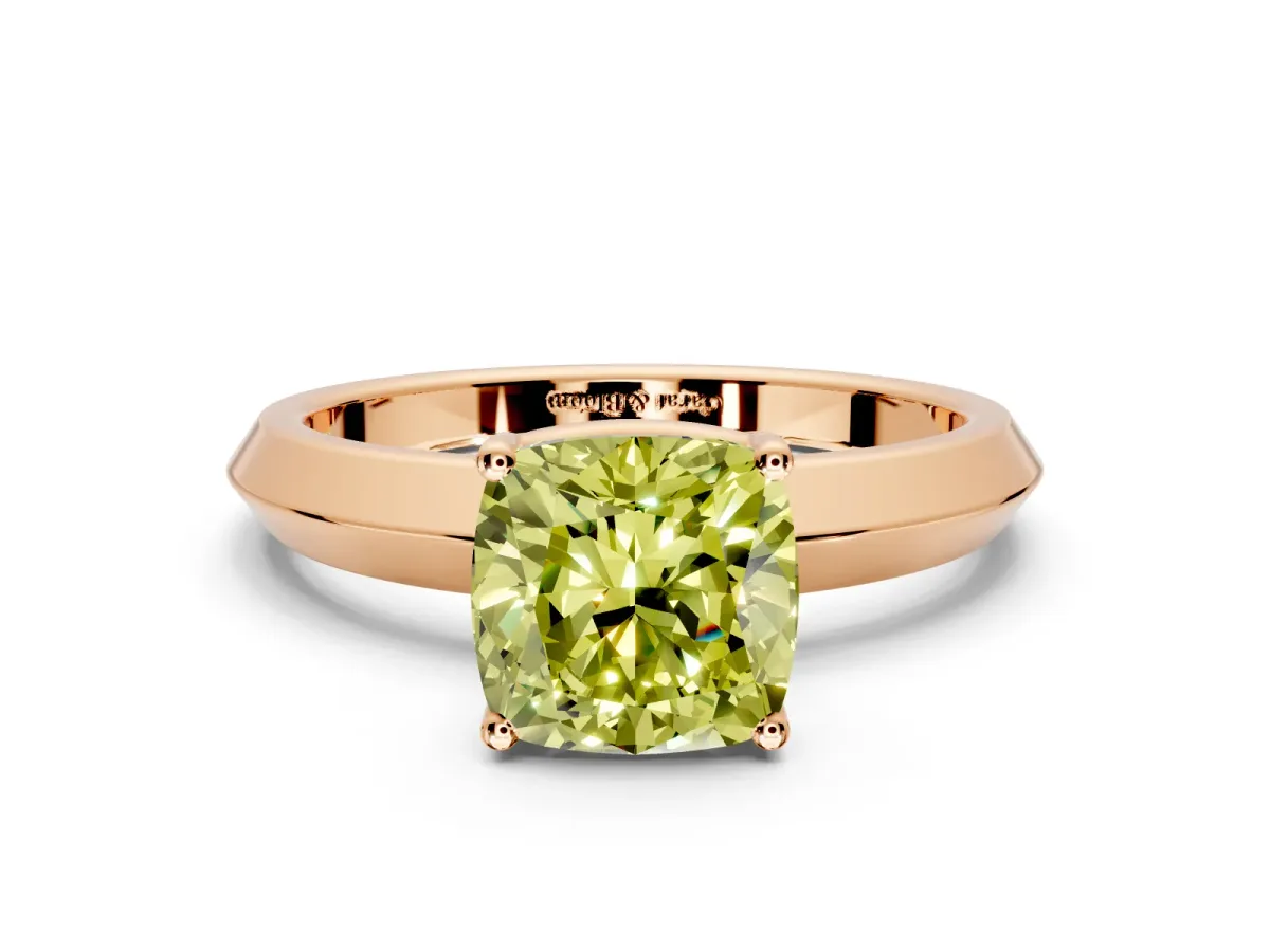 Solitaire Engagement Ring Setting for Fancy Yellow Cushion Cut Center with Wide Knife Ridge Band and Prong Head in Rose Gold