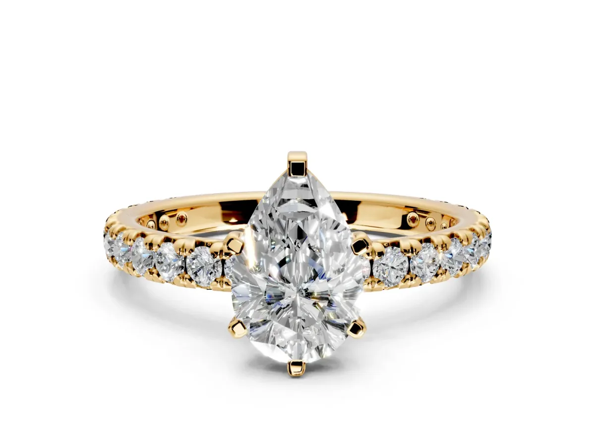 Solitaire Engagement Ring Setting for Pear-Shaped Center with Shared-Prong Accents and Prong Head in Yellow Gold