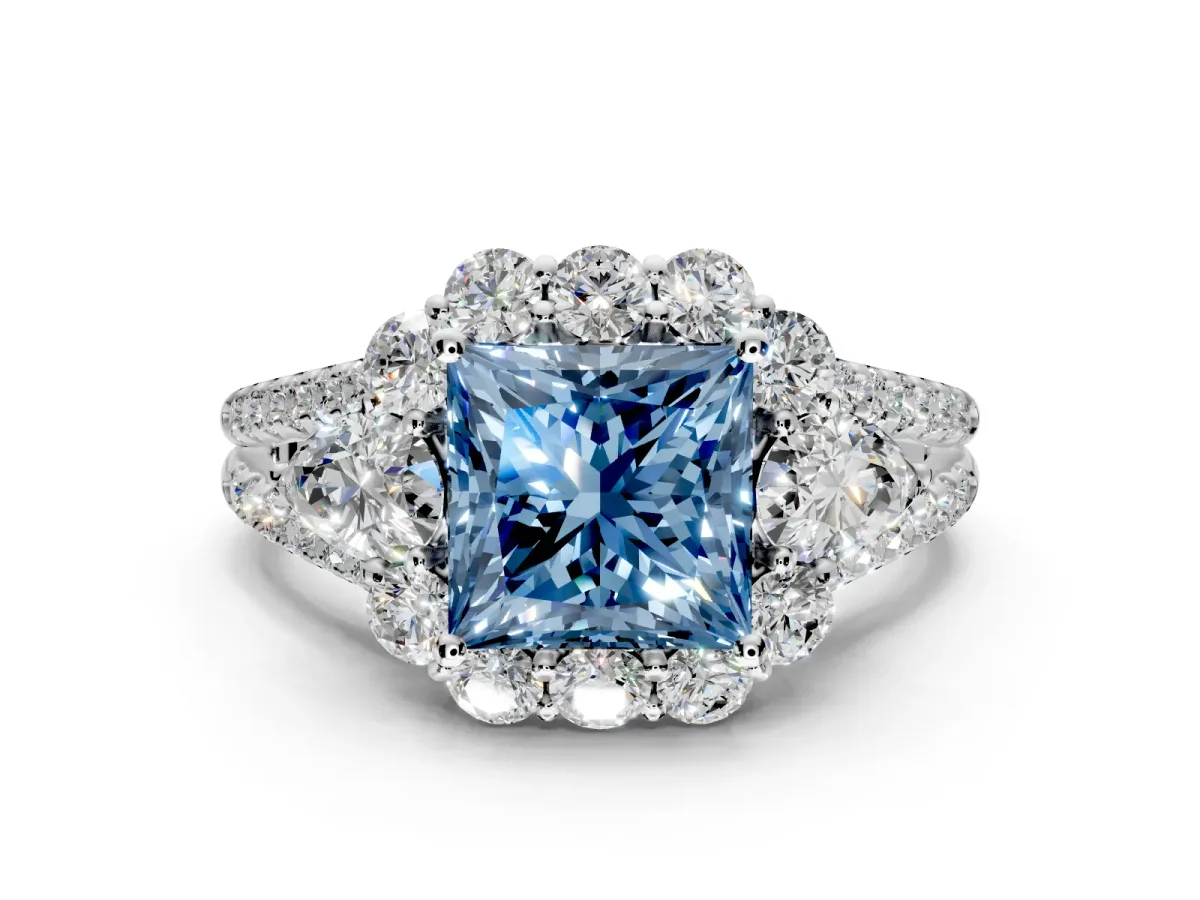 Halo Engagement Ring Setting for Fancy Blue Princess Cut Center with Two-Strand Split Shank and Prong Head in Platinum