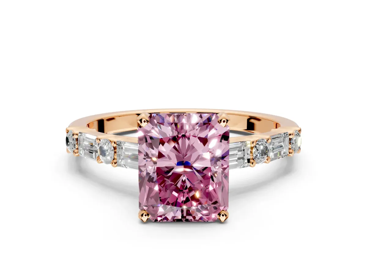 Baguette Engagement Ring Setting for Fancy Pink Radiant Cut Center with Alternating Bar-Set Band and Prong Head in Rose Gold