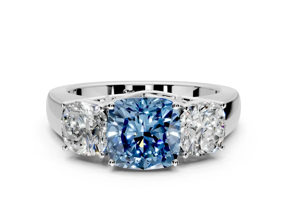 3 Stone Engagement Ring Setting for Fancy Blue Cushion Cut Center with Raised Basket Heads and Prong Head in Sterling Silver