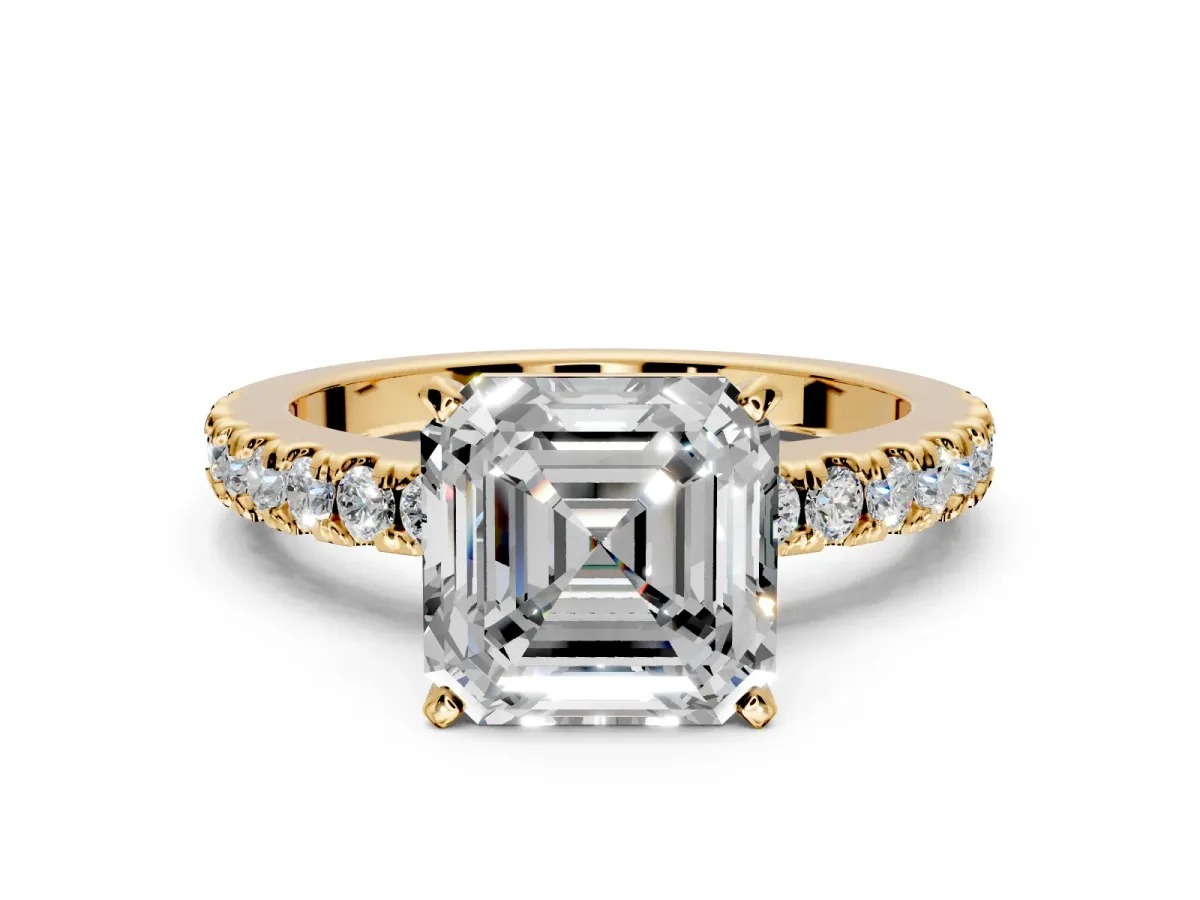 Solitaire Engagement Ring Setting for Asscher Cut Center with Single Row Accent Band and Prong Head in Yellow Gold