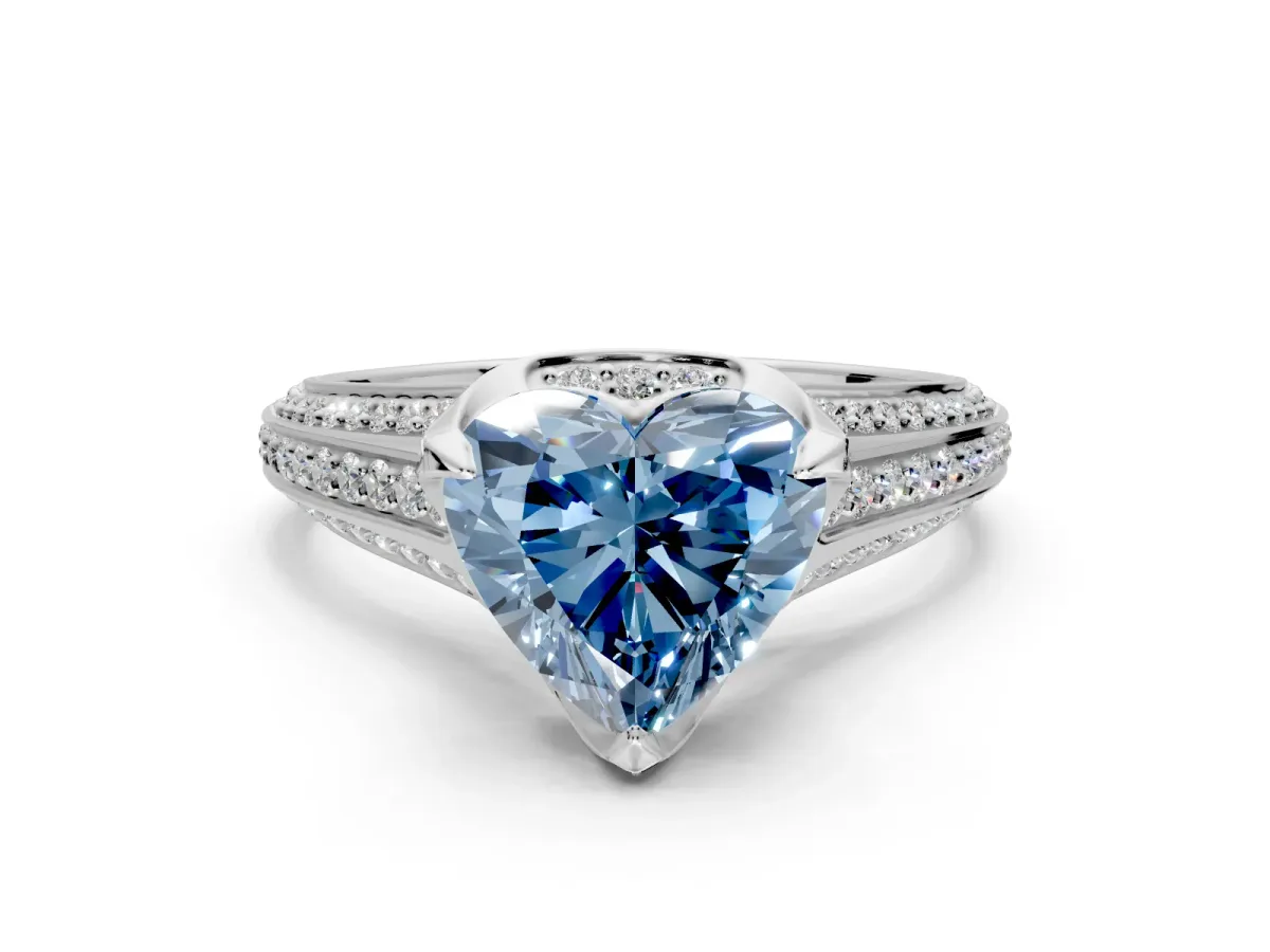 Solitaire Engagement Ring Setting for Fancy Blue Heart-Shaped Center with Accented Split Shank and Prong Head in Sterling Silver