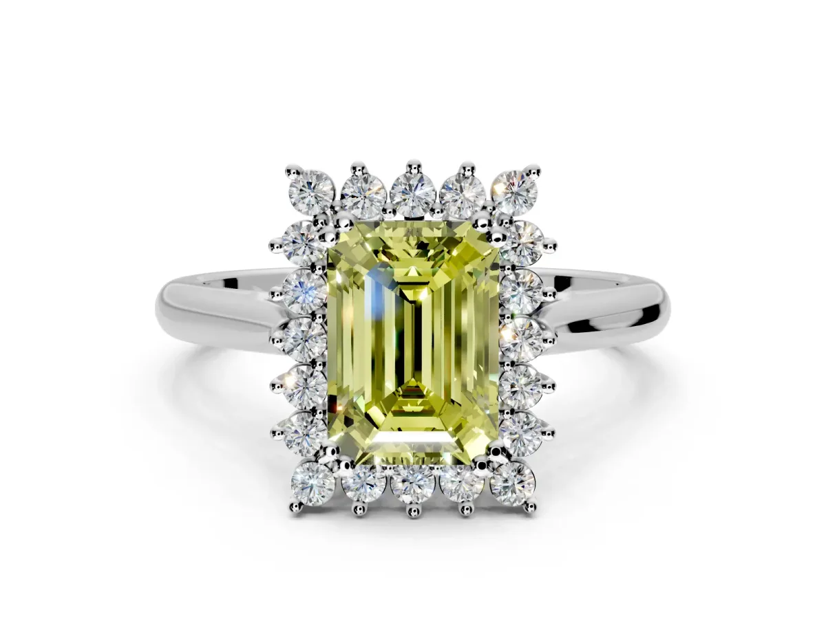 Starburst Halo Engagement Ring Setting for Fancy Yellow Emerald Cut Center with Thin Round-Wire Band and Prong Head in Platinum