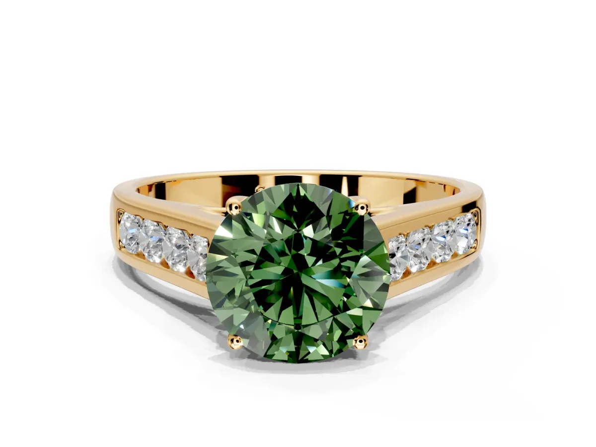 Solitaire Engagement Ring Setting for Fancy Green Round Cut Center with Cathedral Channel Band and Prong Head in Yellow Gold