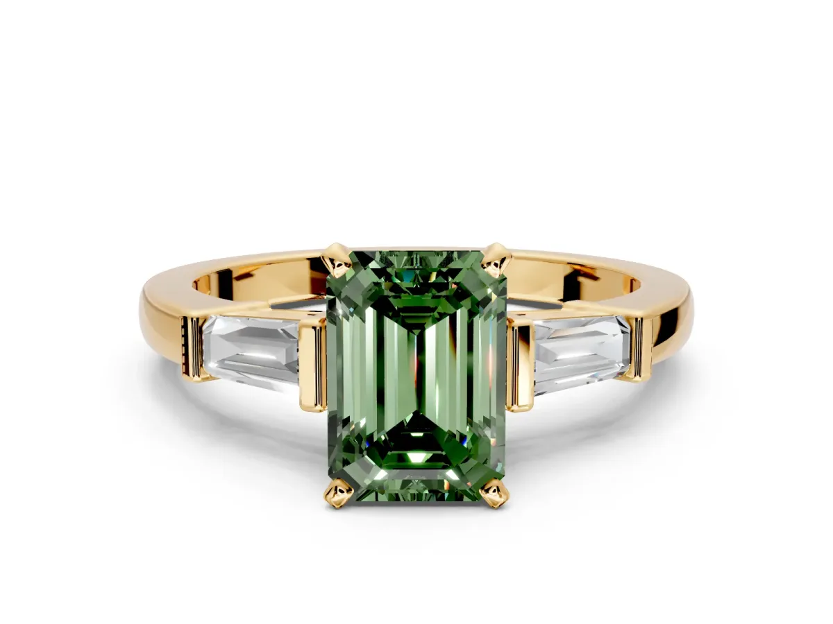 3 Stone Engagement Ring Setting for Fancy Green Emerald Cut Center with Channel Baguette Accents and Prong Head in Yellow Gold