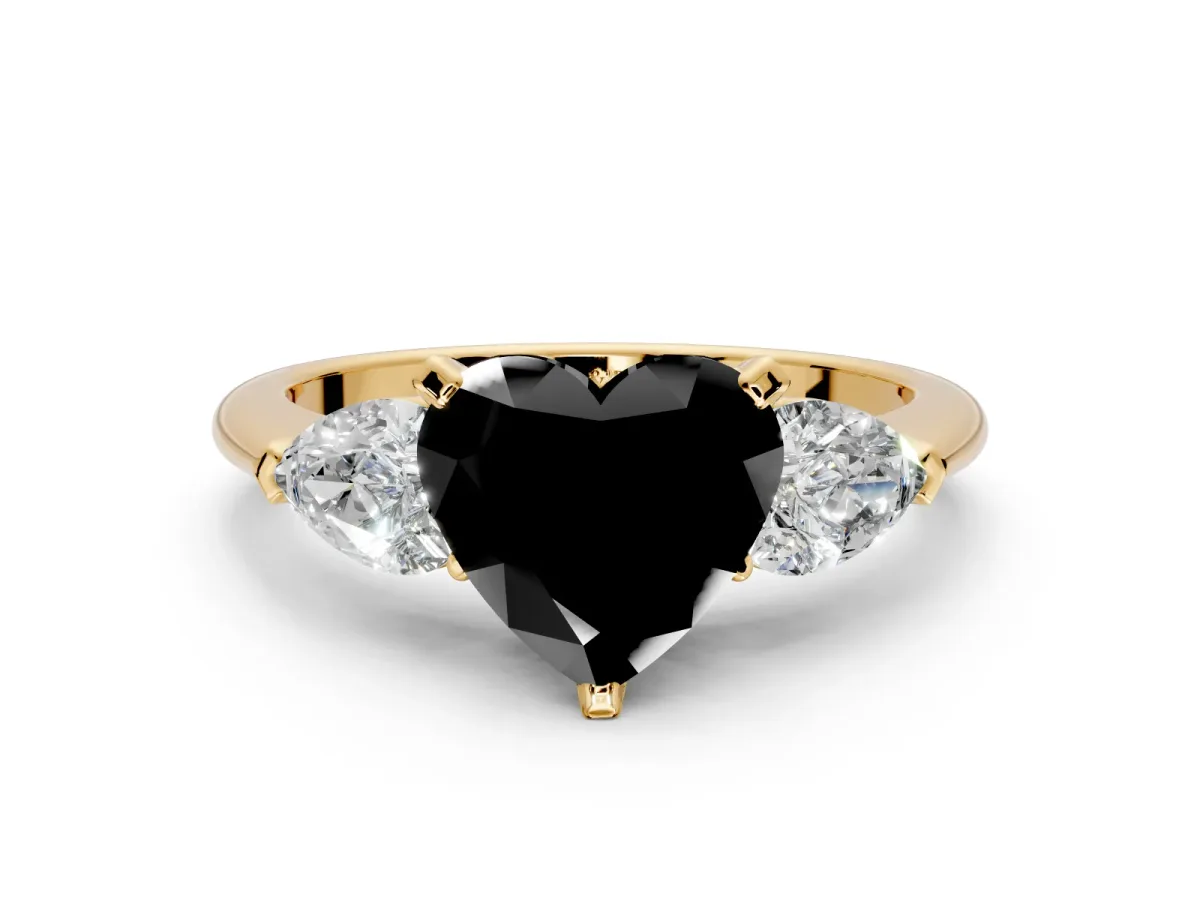3 Stone Engagement Ring Setting for Fancy Black Heart-Shaped Center with Large Pear-Shaped Accents and Prong Head in Yellow Gold