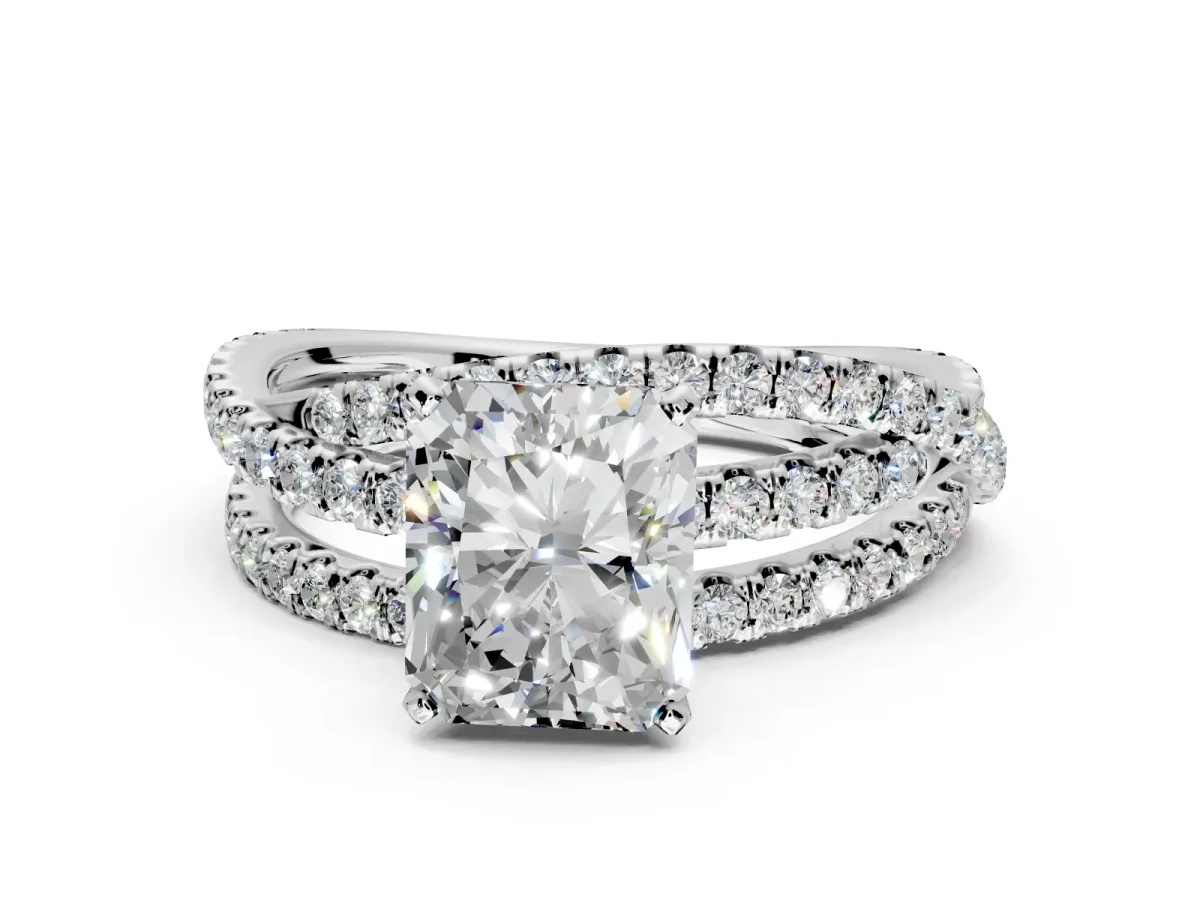 Solitaire Engagement Ring Setting for Radiant Cut Center with Woven 3-Strand Pave Band and Prong Head in Sterling Silver